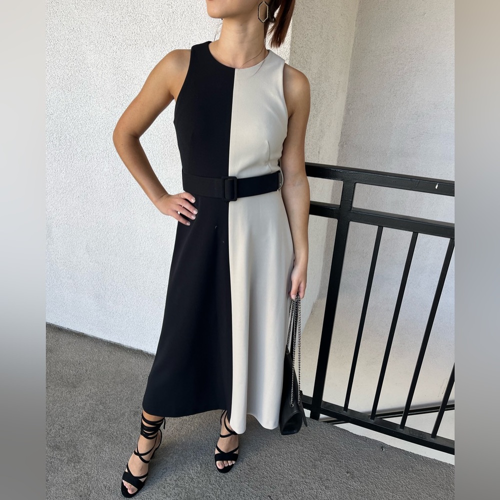 Calvin Klein Black and Cream Midi Dress